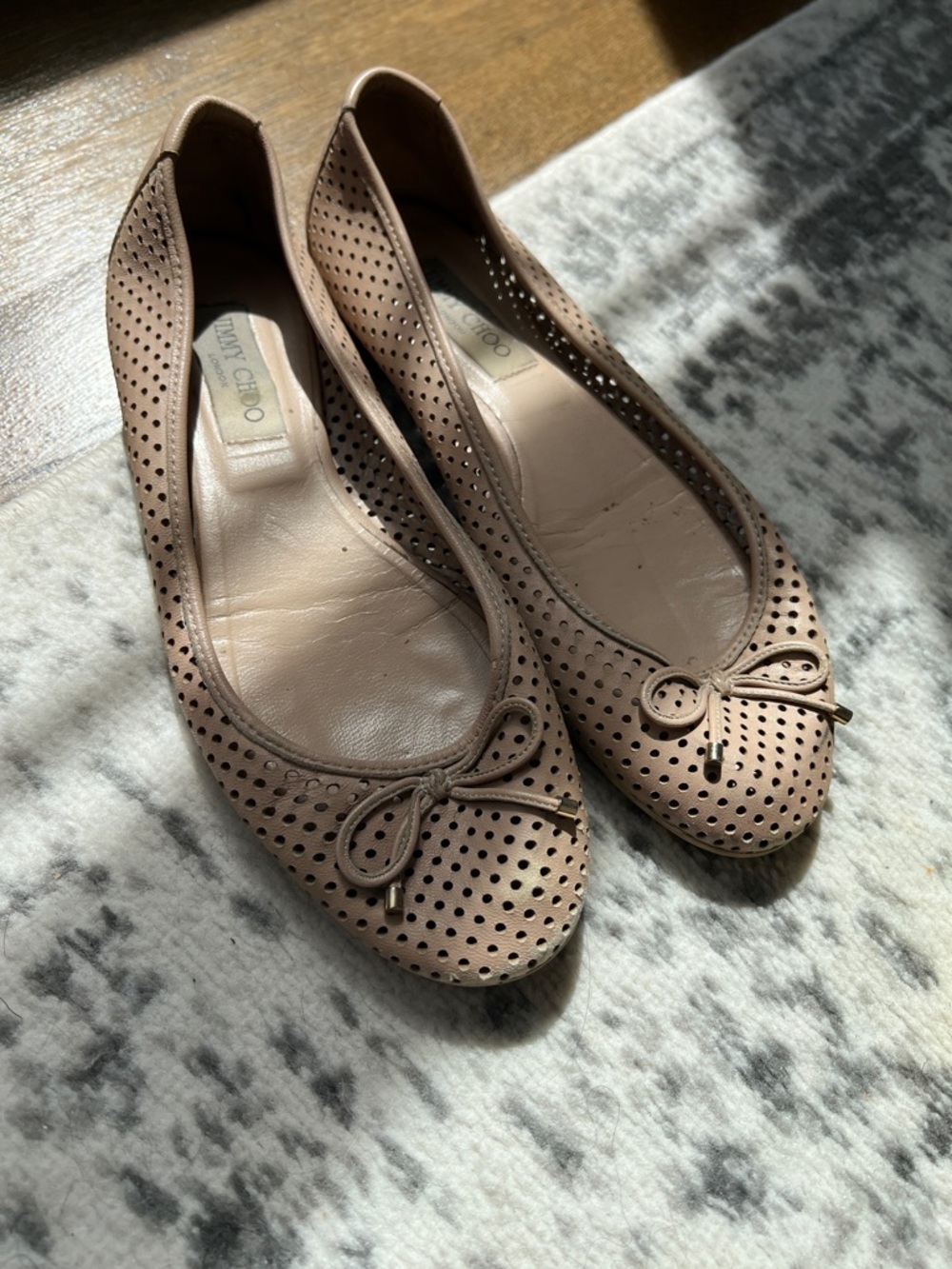 Jimmy Choo Taupe Perforated Leather Ballet Flats with Bow